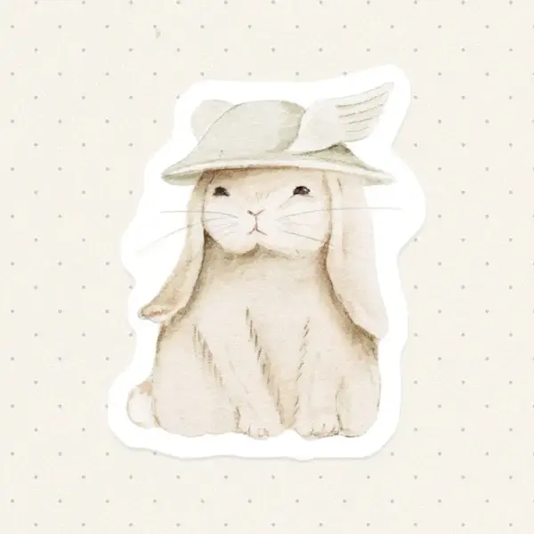 grumpy bunny sticker on polka dot background